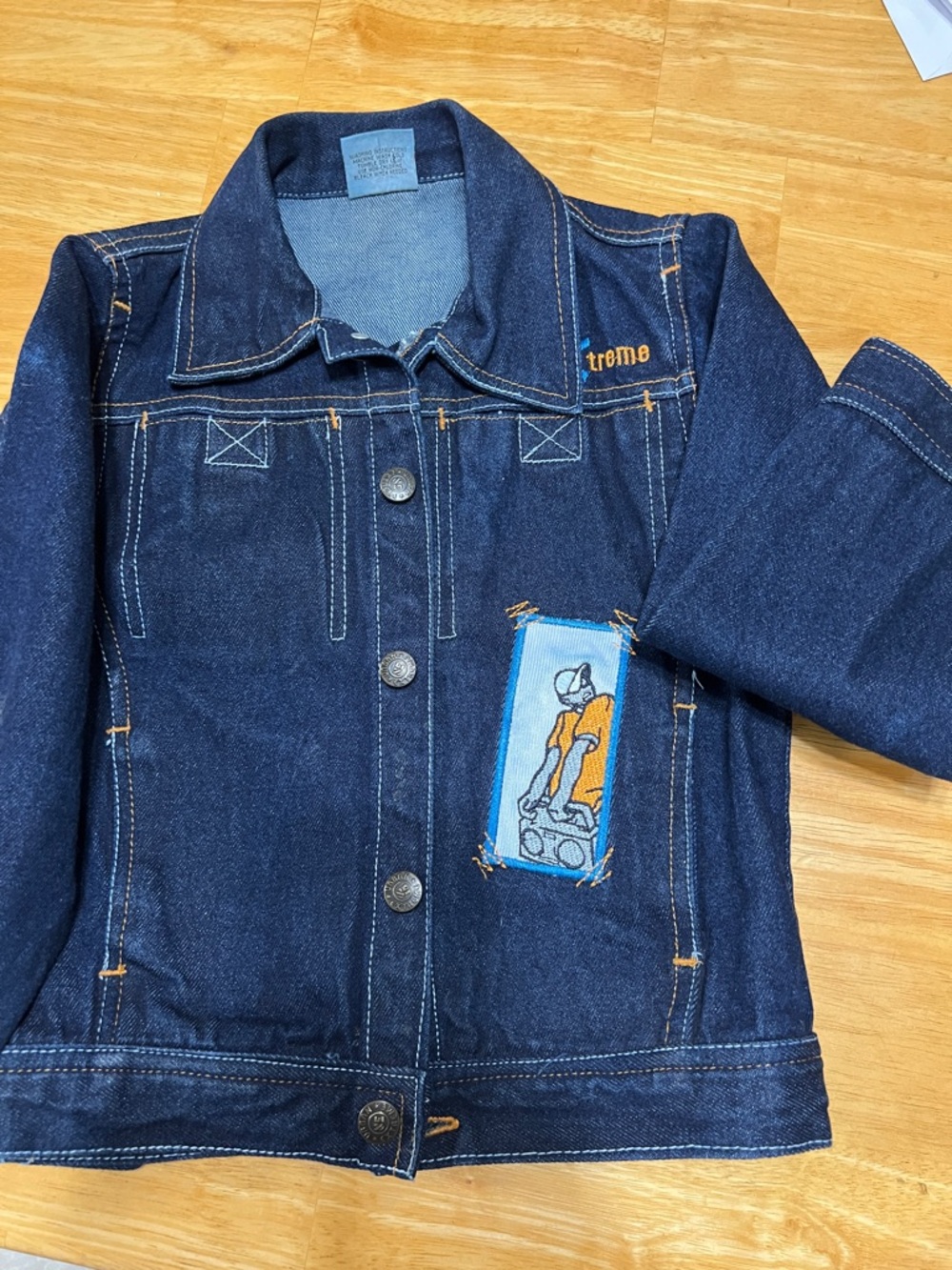 Kids Dark Blue Denim Jean Jacket with Graphic Patch